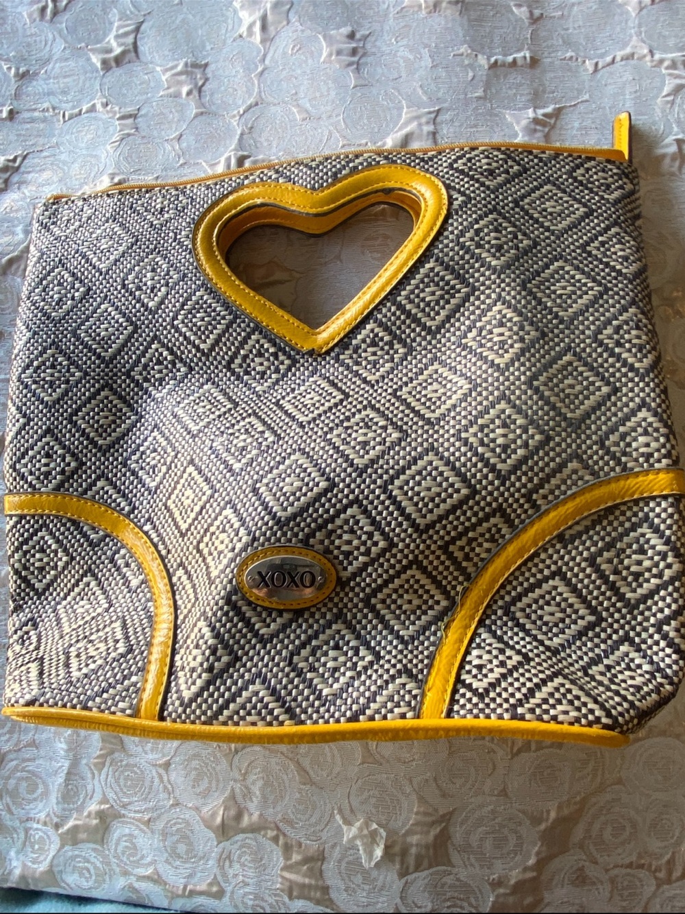 XOXO Neutral Pattern Tote with Yellow Heart Shaped Handle